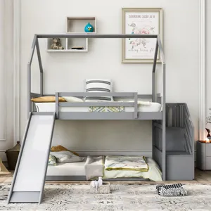 Twin Over Twin House Bunk Bed With Convertible Slide, Storage Staircase Can Be Placed Left Or Right 