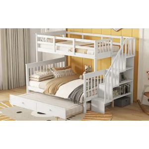 Twin Over Full Bunk Bed With Twin Size Trundle, Storage And Guard Rail For Bedroom, Dorm, For Adults
