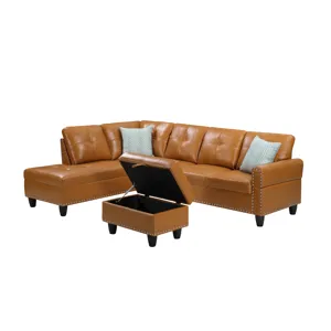 Irine - Faux Leather Sectional Sofa With Ottoman - Ginger