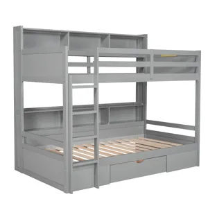 Twin Size Bunk Bed With Built-In Shelves Beside Both Upper And Down Bed And Storage Drawer - Gray