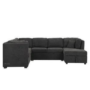 U-Shaped Sectional Sofa Pull Out Sofa Bed With Two USB Ports, Two Power Sockets, Three Back Pillows 