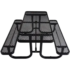Rectangular Outdoor Steel Picnic Table With Umbrella Pole - Black
