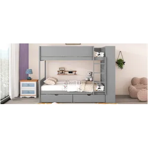 Full Over Full Bunk Bed With 2 Drawers And Multi - Layer Cabinet - Gray