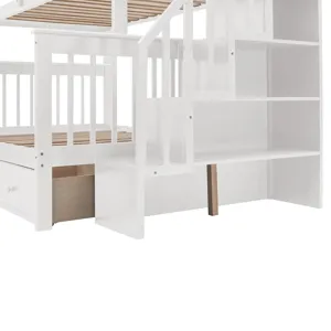 Twin Over Full Stairway Bunk Bed With Drawer, Storage And Guard Rail For Bedroom, Dorm, For Adults -