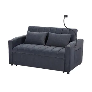 Convertible Sofa Bed Loveseat Sofa With Three USB Ports, Two Side Pockets, Two Cup Holders And 360° 