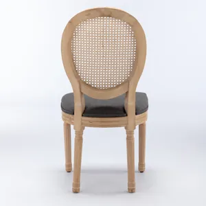 French Style Solid Wood Frame Antique Painting Linen Fabric Rattan Back Dining Chair (Set of 2) - Gr