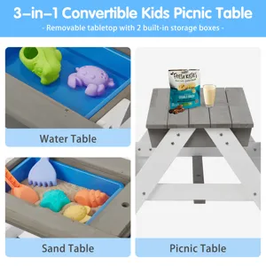 3-In-1 Kids Outdoor Wooden Picnic Table With Umbrella, Convertible Sand & Water, ASTM & CPSIA Certif