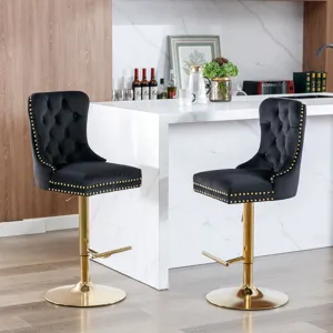 Thick Golden Swivel Velvet Barstools Adjusatble Seat Height From 27-35\", Modern Upholstered Bar Sto