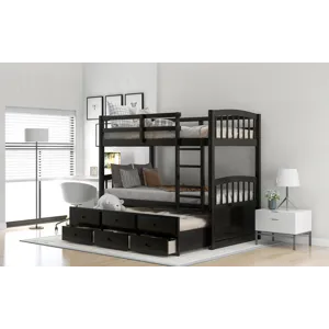 Twin Over Twin Wood Bunk Bed With Trundle And Drawers - Espresso