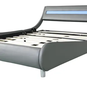 Queen Size Upholstered Platform Bed Frame With LED Lighting, Curve Design, Wood Slat Support, No Box