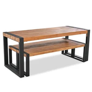 3 Pieces Outdoor Dining Table With 2 Benches, Patio Dining Set With Unique Top Texture, Acacia Wood 