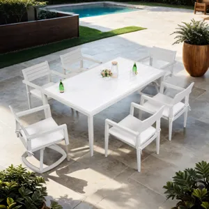 Outdoor Patio Two-Tone Table Top Rectangle Dining Table With Tapered Feet & Umbrella Hole - Matte Wh
