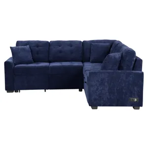 L-Shape Sofa Bed Pull-Out Sleeper Sofa With Wheels, USB Ports, Power Sockets For Living Room - Navy 