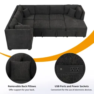 U-Shaped Sectional Sofa Pull Out Sofa Bed With Two USB Ports, Two Power Sockets, Three Back Pillows 