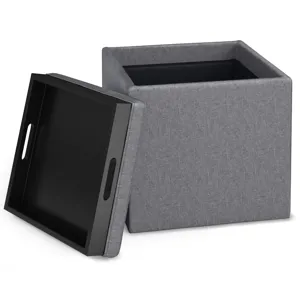 Rockwood - Cube Storage Ottoman with Tray - Slate Grey