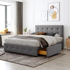 Queen Size Upholstered Platform Bed With Classic Headboard And 4 Drawers, No Box Spring Needed - Lig