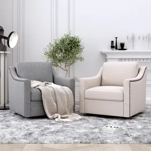 360 Degree Swivel Armchair Cotton Linen Skin-Friendly Fabric Ergonomic Design Brass Nail Decorative 