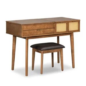 Classic Wood Makeup Vanity Set With Flip-Top Mirror And Stool, Dressing Table With Three Drawers And
