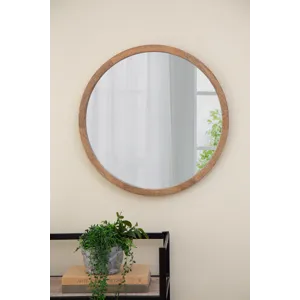 Circle Wall Mirror With Wooden Frame, Wall Mirror For Living Room - Brown