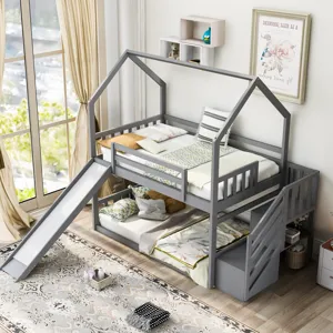 Twin Over Twin House Bunk Bed With Convertible Slide, Storage Staircase Can Be Placed Left Or Right 