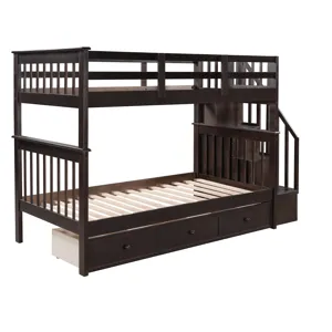 Stairway Twin Over Twin Bunk Bed With Three Drawers For Bedroom, Dorm - Espresso