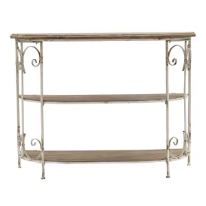 Three Tiered White Wooden Shelving Unit With Ornate Iron Frame - Multicolor