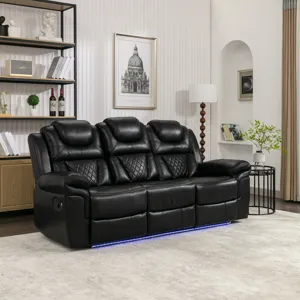 Home Theater Seating Manual Recliner Chair With Center Console And Led Light Strip For Living Room -
