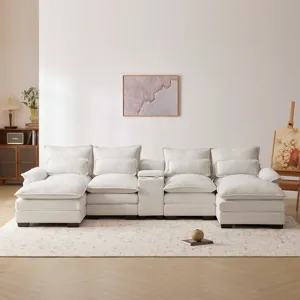 Modern U Shaped Sofa With Console, Cupholders And USB Ports, 6 Seat Upholstered Symmetrical Indoor F