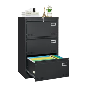 Filing Cabinet Lateral File Cabinet 3 Drawer, Blcak Locking Metal File Cabinets Three Drawer, Office