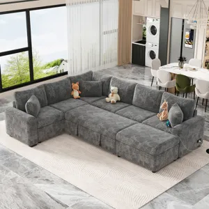 Sectional Sofa Pull-Out Sofa Bed Sleeper With A Storage Ottoman, Three Pillows And Charging Devices 