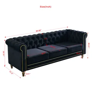 Chesterfield - Velvet Sofa 84.65\" For Living Room - Black