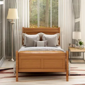 Twin Platform Bed Frame Mattress Foundation Sleigh Bed With Headboard / Footboard / Wood Slat Support - Oak