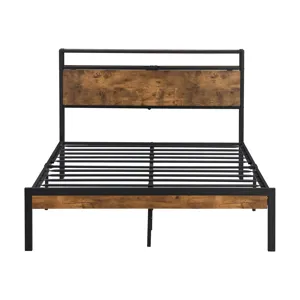 Full Size Metal Platform Bed Frame With Wooden Headboard And Footboard With USB Liner, No Box Spring