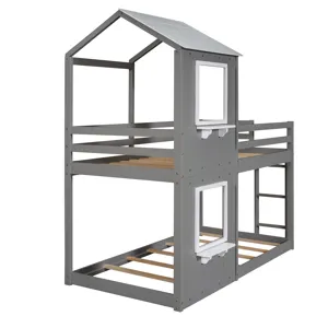 Twin Over Twin Bunk Bed Wood Bed With Roof, Window, Guardrail, Ladder - White