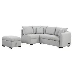 L-Shaped Sectional Pull Out Sofa Bed Sleeper Sofa With Two USB Ports, Two Power Sockets And A Movabl