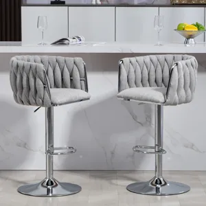 360 Degree Swivel Bar Stools Adjustable Counter Height Bar Chairs With Woven Back & Footrest, Silver