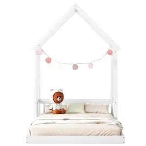 Full Roof-Framed Headboard Floor Bed With Headboard Guardrails - Without Slats White