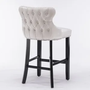 Contemporary Velvet Upholstered Wing-Back Barstools With Button Tufted Decoration And Wooden Legs, A