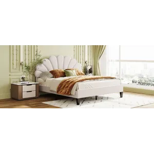 Queen Size Upholstered Platform Bed With Flower Pattern Velvet Headboard - Beige