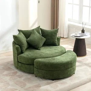 360° Swivel Accent Barrel Chair With Storage Ottoman & 4 Pillows, Modern Chenille Leisure Chair Roun