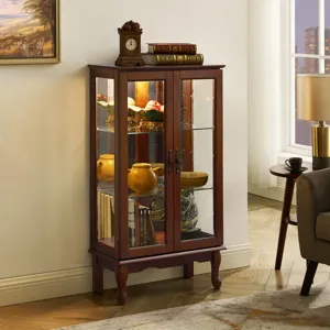 Curio Cabinet Lighted Curio Diapaly Cabinet With Adjustable Shelves And Mirrored Back Panel, Tempered Glass Doors (3 Tier), (E26 Light Bulb Not Included) - Walnut