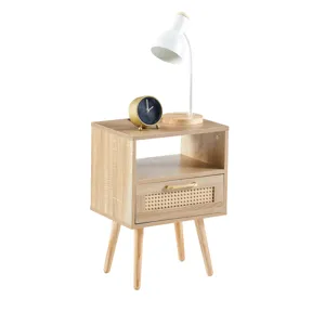 15.75\" Rattan End Table With Power Outlet & USB Ports, Modern Nightstand With Drawer And Solid Wood