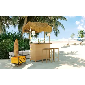 Hawaiian-Style Bar Height Patio Set With PE Grass Canopy, Outdoor Bar Table And Stools With Adjustab