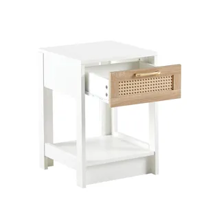 15.75\" Rattan End Table With Drawer, Modern Nightstand, Side Table For Living Room, Bedroom - White