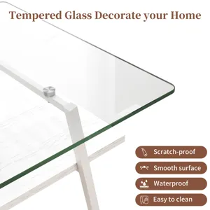 Rectangle Coffee Table, Tempered Glass Tabletop With Metal Legs, Modern Table For Living Room - Tran