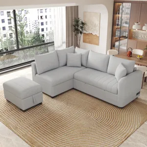 L-Shaped Sectional Pull Out Sofa Bed Sleeper Sofa With Two USB Ports, Two Power Sockets And A Movabl