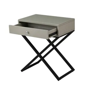 Koda - Wooden End Side Table Nightstand With Glass Top, Drawer And Metal Cross Base - Taupe