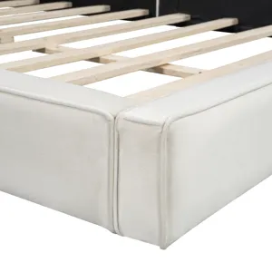 Queen Size Upholstered Platform Bed With , Grounded Bed With Solid Frame - Beige