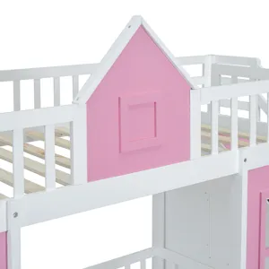 Twin Over Twin Bunk Bed With Changeable Table, Bunk Bed Turn Into Upper Bed And Down Desk - Pink