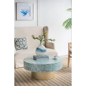 Unique Hyperion Capiz Inlay Drum Coffee Table With Gold Pedestal Base - Multi